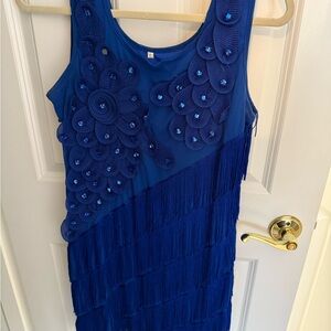 Blue Sleeveless “Flapper”Dress with Fringe and Floral Accents